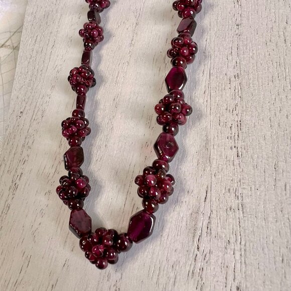 Vintage Bohemian Garnet Cluster Beaded Necklace, Garnet Necklace